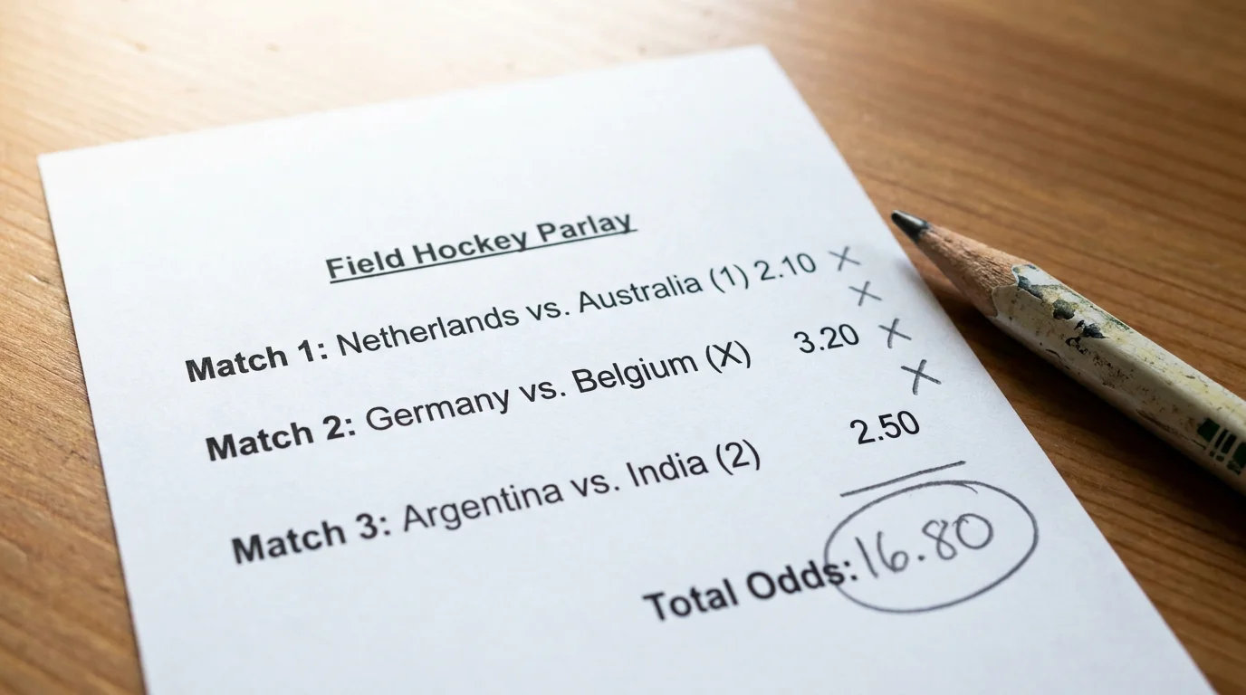 Beispiel-Wettschein für eine Feldhockey 1X2 Kombiwette mit Quotenmultiplikation und Gesamtquote