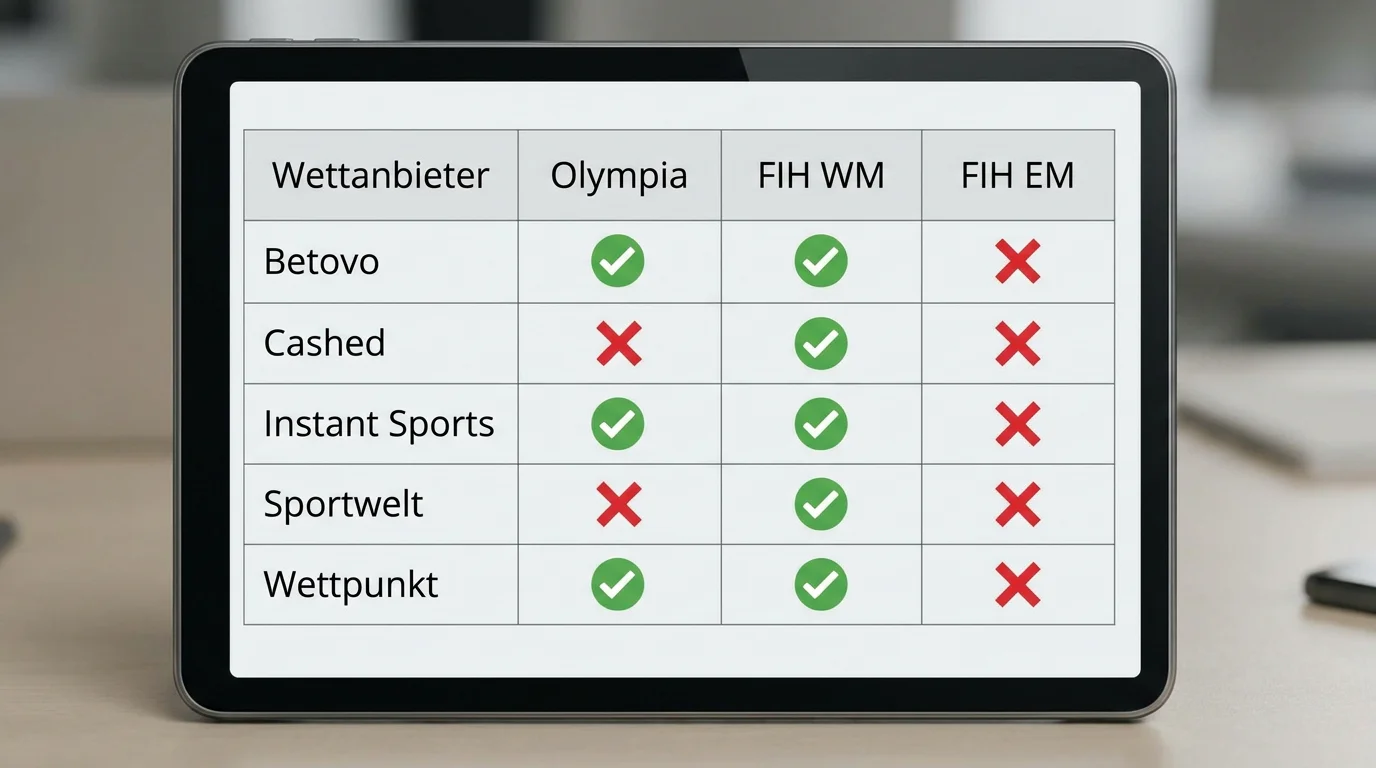 Tabelle der GGL-lizenzierten Anbieter mit Feldhockey-Ereigniswetten-Verfügbarkeit für Olympia und WM