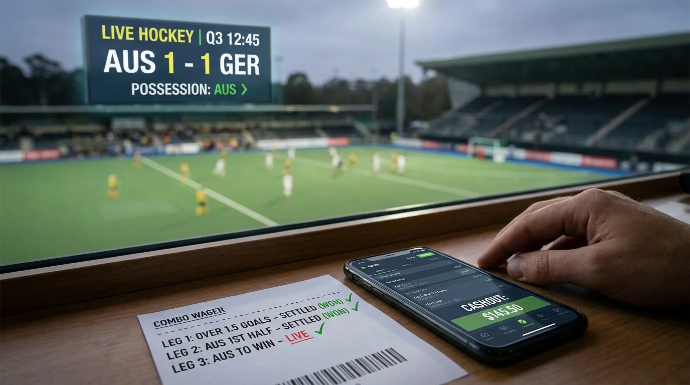 Live-Feldhockey-Spiel auf Anzeigetafel während offene Kombiwette auf Cash-Out wartet