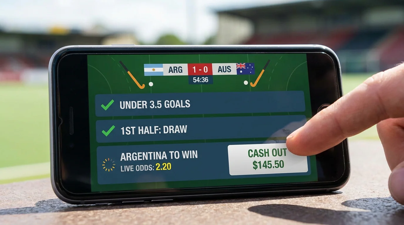 Feldhockey Live-Wette auf Smartphone mit aktiviertem Cash-Out-Button während laufendem Spiel