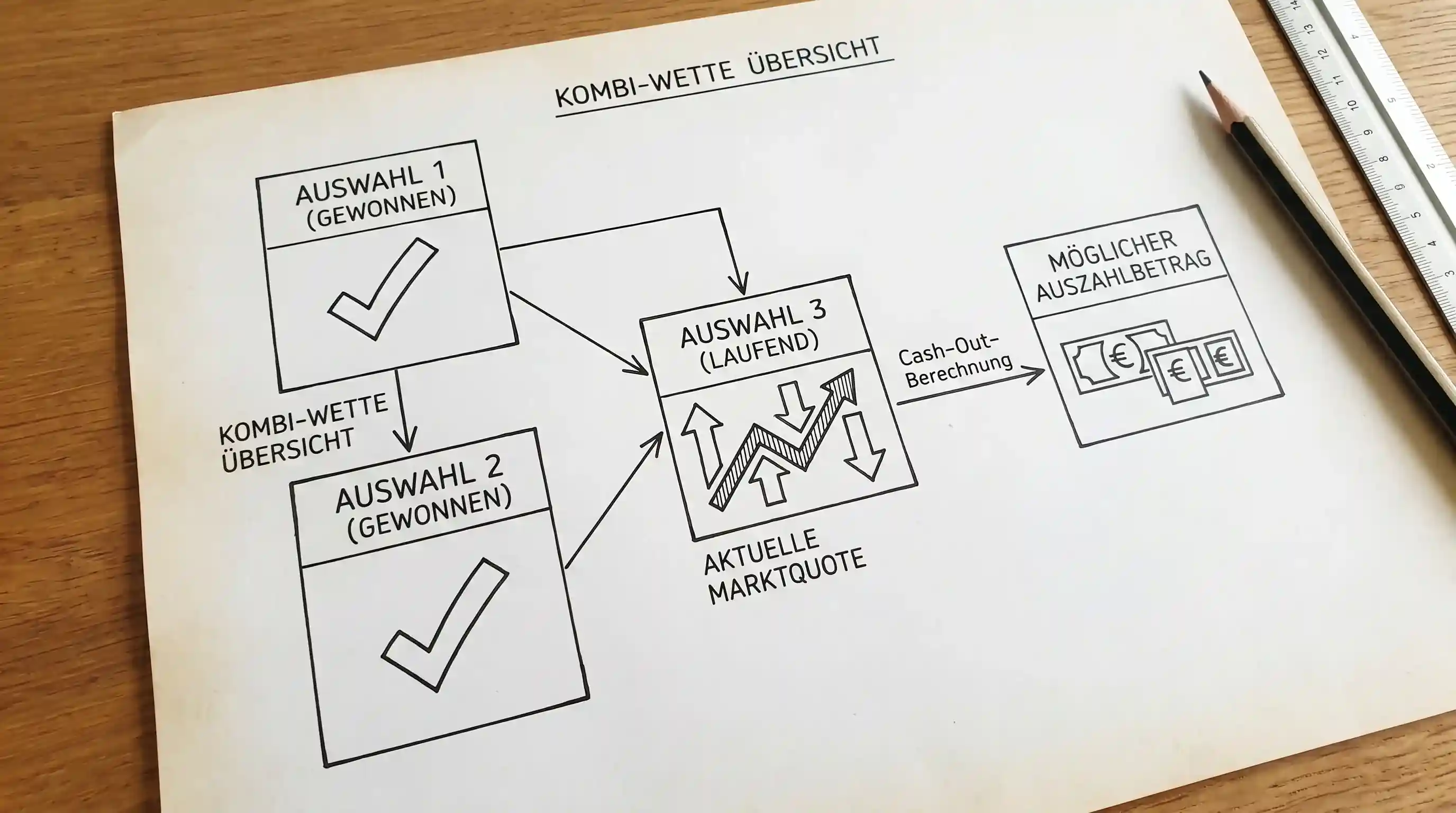 Schematische Darstellung des Cash-Out-Mechanismus bei einer Feldhockey Kombiwette mit drei Legs
