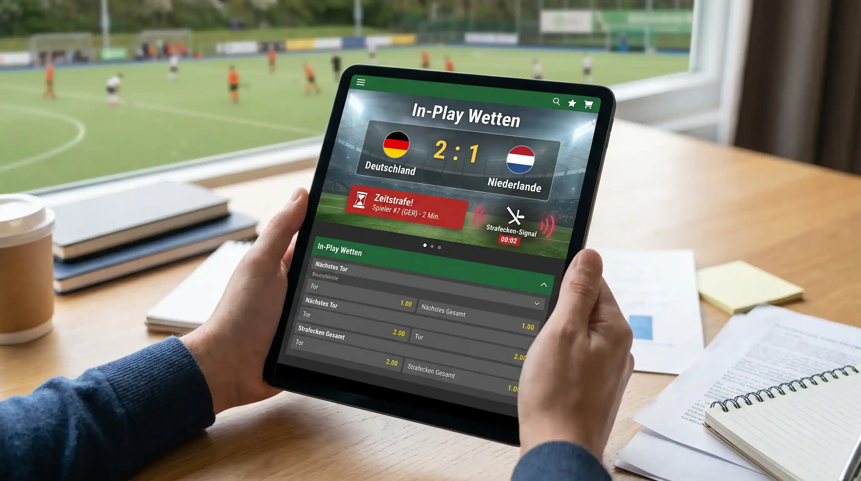 Feldhockey Live-Wetten In-Play: Tablet mit Live-Quoten während Feldhockey-Spiel, Zeitstrafe und Strafecken-Signale