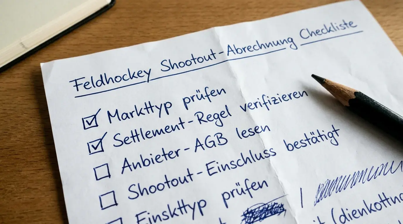 Checkliste für Feldhockey Shootout-Wettabrechnung: Markttyp, Settlement-Regel und Anbieter-AGB vor Wettplatzierung prüfen