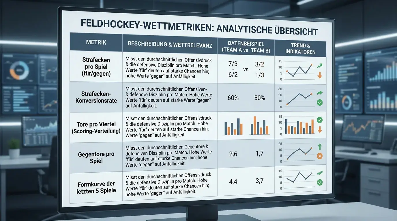 Tabelle mit den fünf wichtigsten Feldhockey-Kennzahlen für Sportwetter: Strafecken, Tore, Formkurve