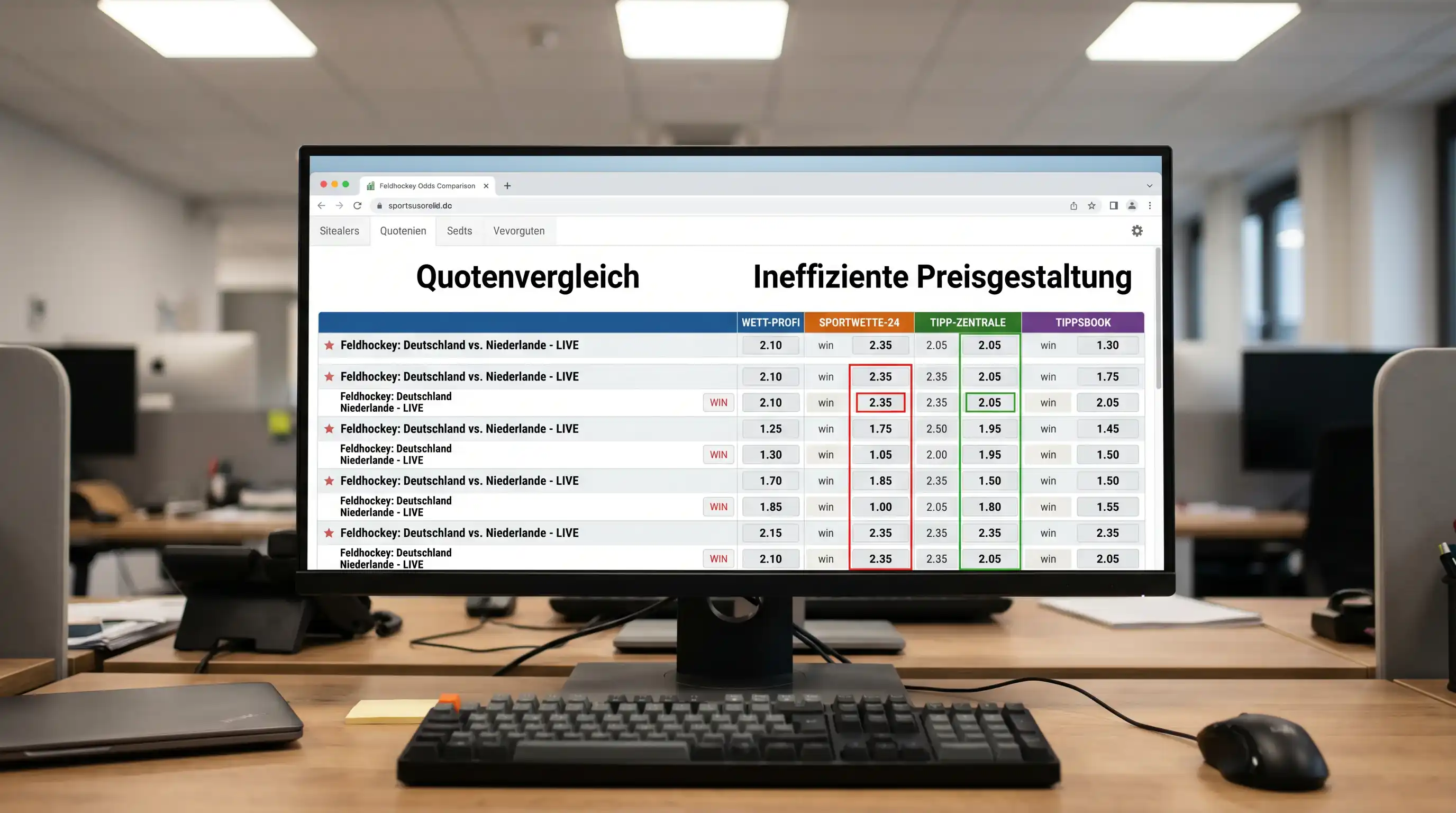 Feldhockey Value Betting: Quotenvergleich auf Bildschirm zeigt ineffiziente Preisgestaltung bei Randsportart
