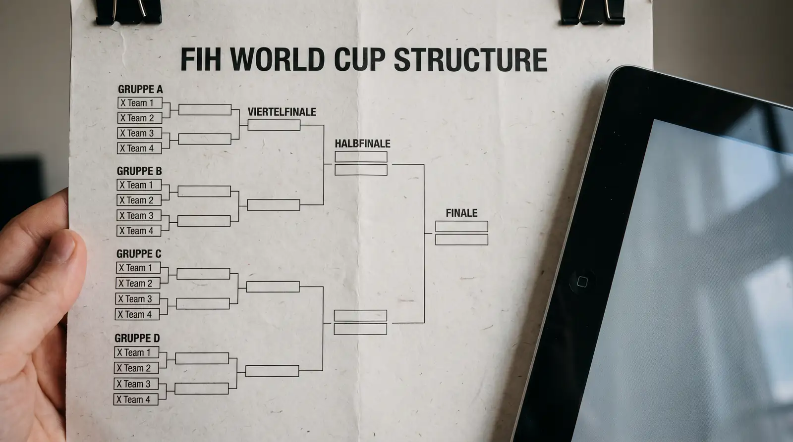 FIH Feldhockey-Weltmeisterschaft Turnierformat: Gruppenphase mit vier Pools und K.o.-Runden bis zum Finale